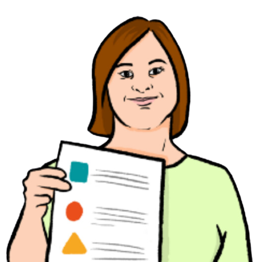 Animated picture of a woman holding up a sheet of paper with text and shapes printed on the paper